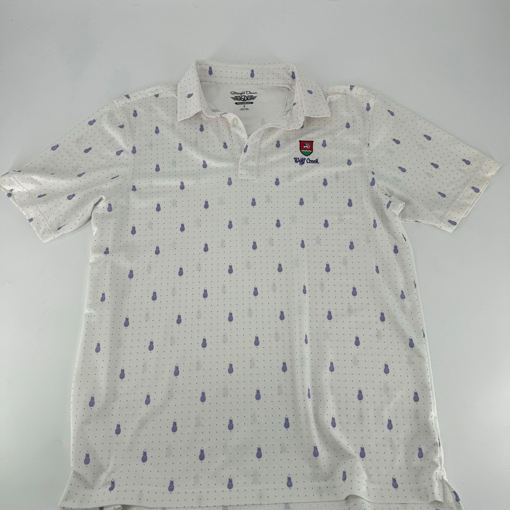 Straight Down Performance Polo Shirt Mens Size S White Pineapple Print Golf